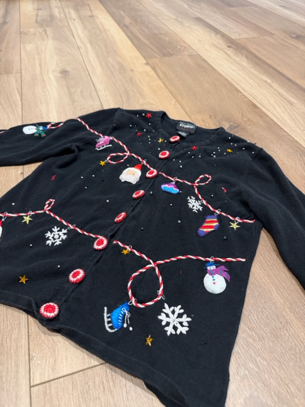 Studio Black Holiday Embellished Cardigan with Colorful Trim